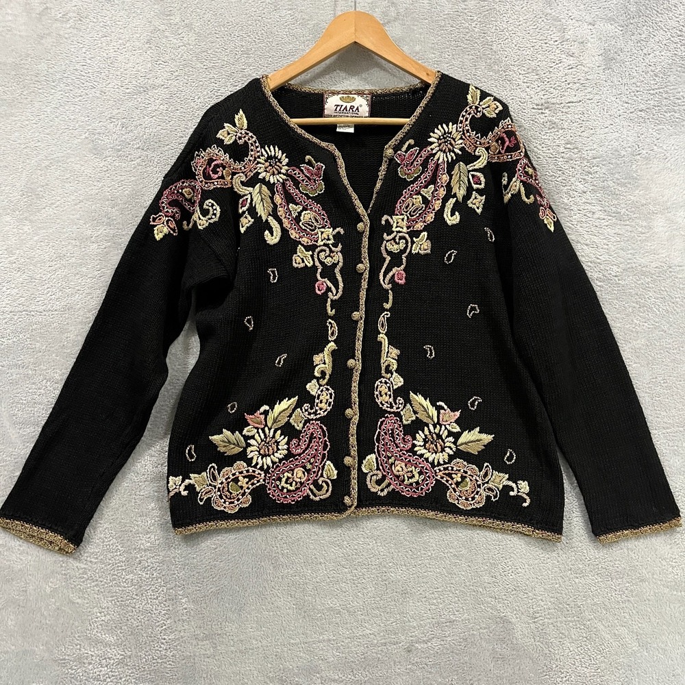 Tiara Cardigan Sweater Womens Medium Black Paisley Embroidered Cotton Tight Knit